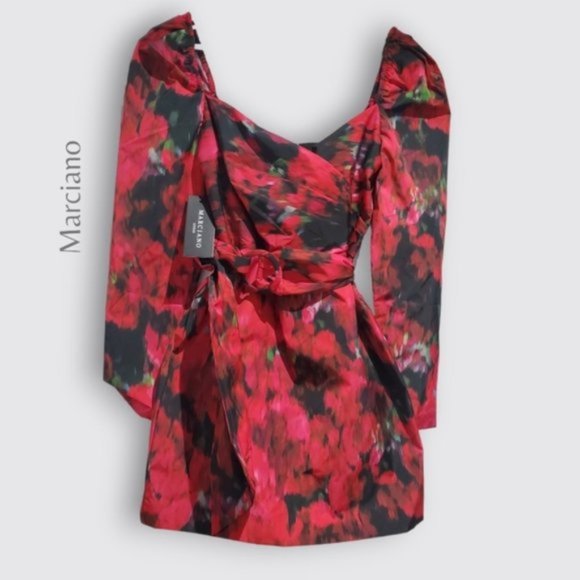 Marciano Guess "Red Rhapsody" 60s Style Floral Puff Shoulder Dress - Picture 3 of 16